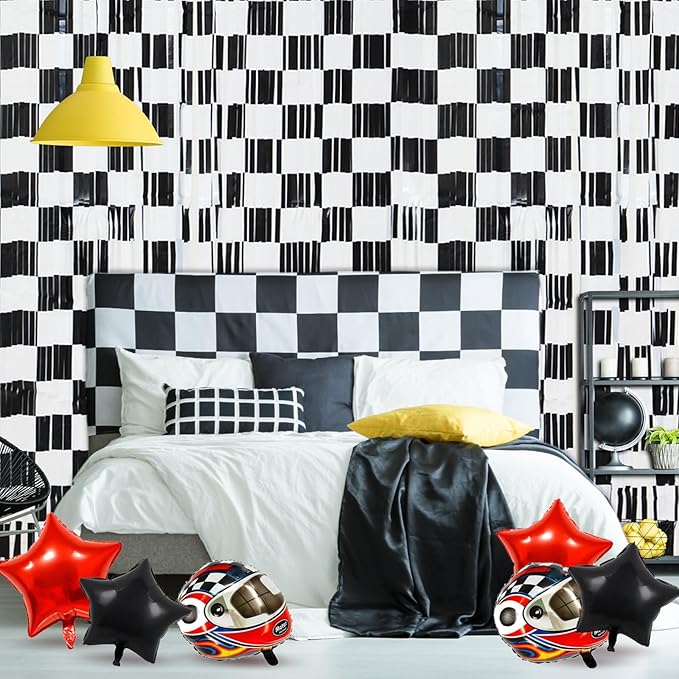 2 Pack Race Car Checkered Streamers Backdrops Birthday Party Decorations Black and White Checkered Foil Fringe Curtains Photo Booth Props for Racing Cars One Happy Dude Party Decorations