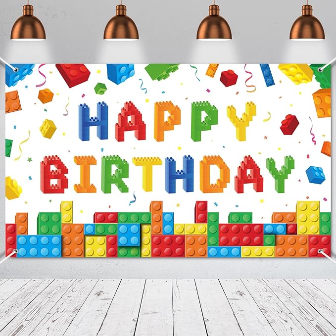 Panelee Building Block Birthday Banner Building Blocks Party Backdrop Decoration Happy Birthday Banner Photography Background for Party, 72.8 x 43.3 Inch(White)