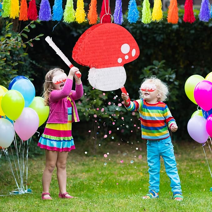 Mushroom Pinata with Stick and Blindfold Fairy Pinata for Kids 3D Mushroom Birthday Party Decorations Baby Shower Party Supplies