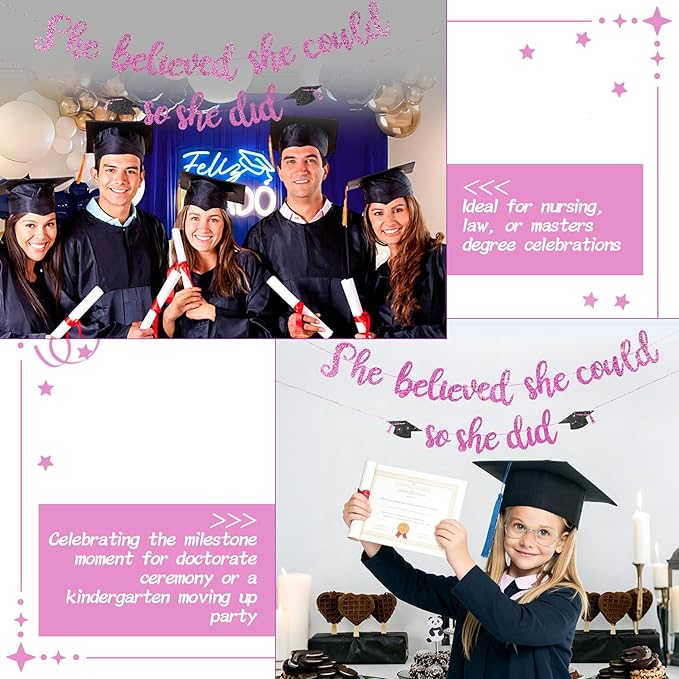She Believed She Could So She Did Banner - Pre-Strung Glitter Graduation Decorations 2026 for Women Girls, Inspirational Grad Party Supplies, Class of 2026 College High School Masters PhD Decor (Pink )
