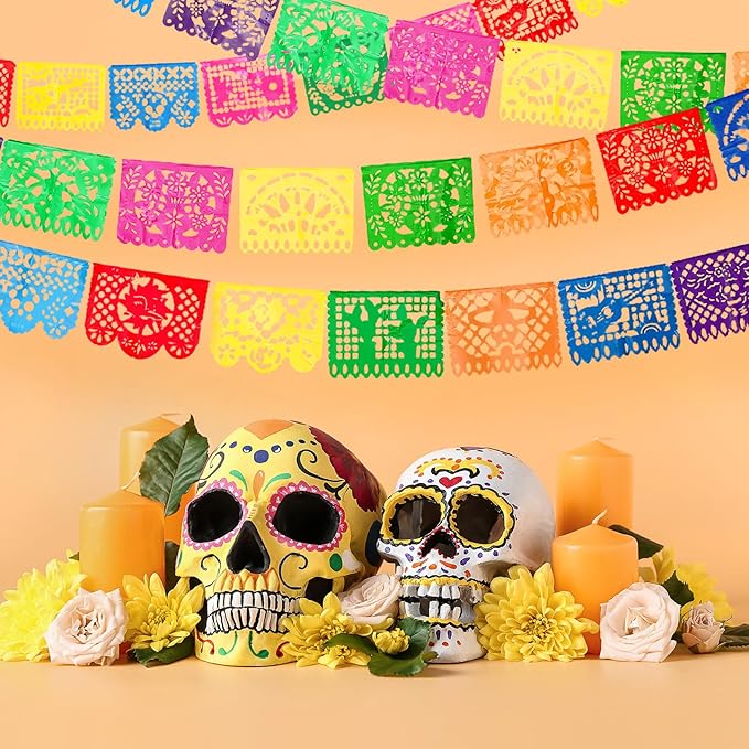 Boao 4 Packs 60 Feet Cinco De Mayo Party Decorations Mexican Banner Fiesta Plastic Papel Picado Banner Garland Dia De Los Muertos Day of The Dead Hanging Decor Mexican Fiesta Birthday Party Supplies