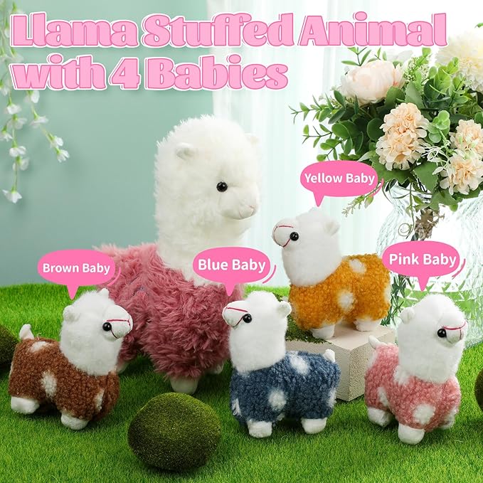 Civaner Llama Stuffed Animal with 4 Baby Llama Plushies Cute Alpaca Plush Set Soft Kawaii Alpaca Pillow for Kids Girls Easter Mother's Day Birthday Party Charity Donation Home Decor(Pink)