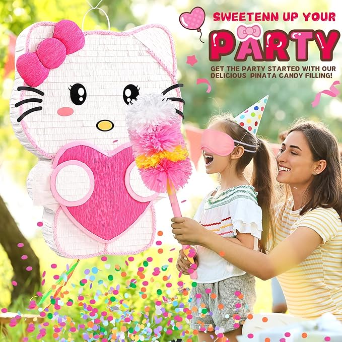 21" Pinata for Birthday Party - 3D Pink Large Pinata, 24" Bat Stick, Eye Mask, Rope - Cute Love Heart Design, Large Party Decoration & Candy Holder for Girls Kids Theme Party, Room Decor & Centerpiece