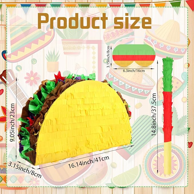 Hooqict Taco Pinata Set Mexican Birthday Party Pinata with Stick & Blindfold for Kids Adults Cinco de Mayo Taco Decorations Mexican Party Games Fiesta Themed Birthday Party Supplies