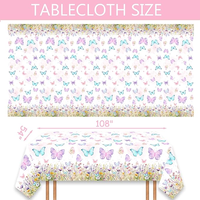 2 Pack Butterfly Tablecloth Birthday Party Decorations for Spring Butterfly Theme Girls Baby Shower 1st 2nd 3rd 4th Birthday Party Table Supplies Favors, 108 x 54 Inch