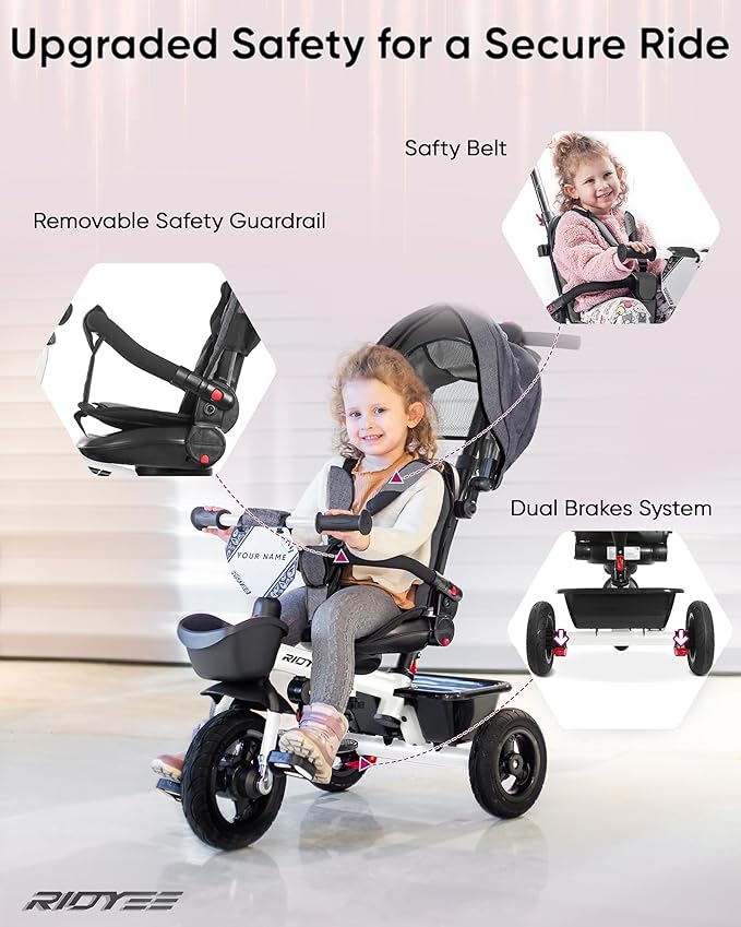 7-in-1 Tricycle for 18 Months to 5 Years, All-Terrain Rubber Tires, Dual Wheel Brakes, Rotatable Seat for Toddlers 1.5-3, Tricycle for 3-5 Years with DIY Stickers, White