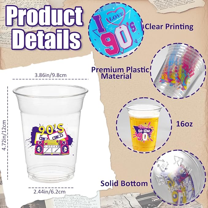 90s Theme Party Decoration Cups, 100 Pcs 16 OZ Disposable Plastic Cups for Retro Music Hip Hop Throwback Dance Back to 90's Birthday Party Favor Supplies
