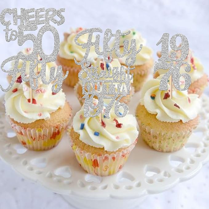 30PCS 50th Birthday Cupcake Toppers Glitter Fifty Happy 50 Straight Outta 1976 Cupcake Picks for Cheers to 50 Years 50th Birthday Wedding Anniversary Party Cake Decorations Supplies Silver