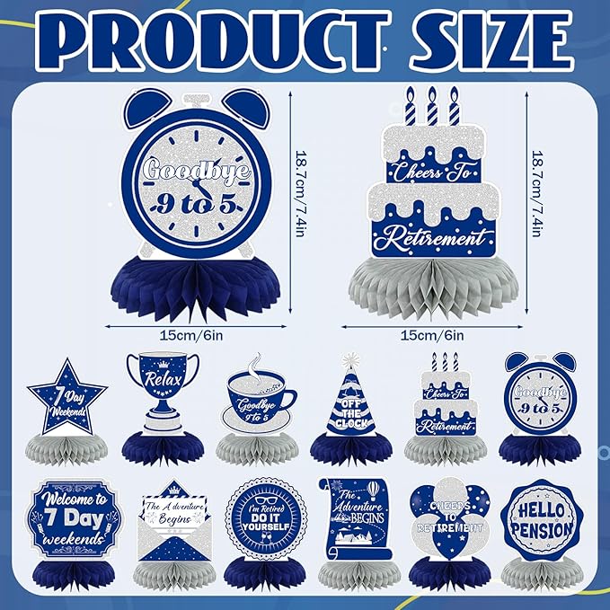 Pickmesh 12 Pieces Blue Retirement Party Decorations Honeycomb Centerpieces Blue Silver Happy Retirement Table Decorations 7 Day Weekend Goodbye 9 to 5 Table Topper for Party Decoration Supplies