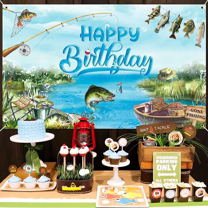 Fishing Birthday Party Decorations Gone Fishing Happy Birthday Banner, Fishing Themed Background Bass Fishing Party Supplies for Adults and Kids 6 x 3.6 ft