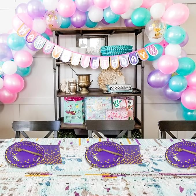 Purple and Gold Party Decorations for 35 Guest 7",Birthday Plates and Napkins Party Supplies,Purple Paper Plates Napkins for Wedding,Graduation