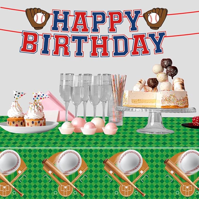 Oigco Baseball Party Decorations 4-Pack Baseball Tablecloth Disposable Plastic Table Cover for Games Birthday Party, 54 x 108 Inch