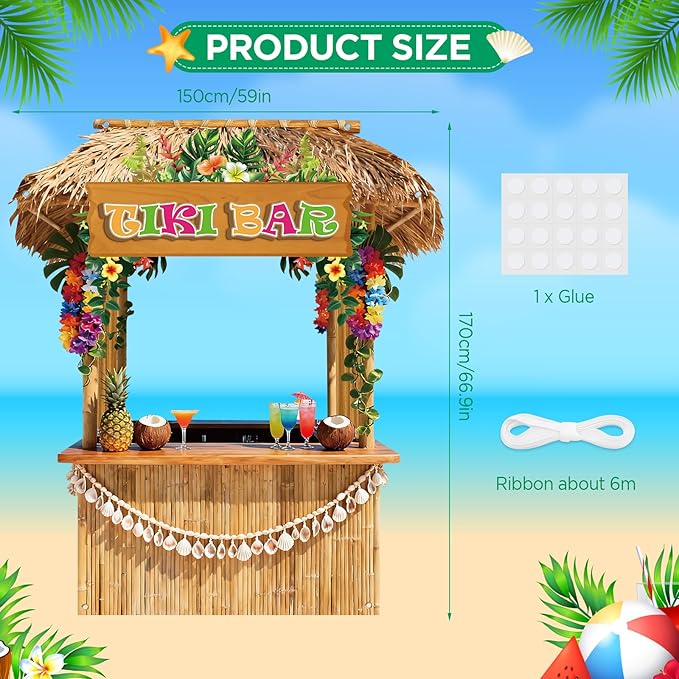 Tiki Bar Hut Banner Hawaiian Aloha Banner Tiki Bar Photo Booth Props Luau Party Backdrop Tropical Beach Hut Design Photo Background for Summer Hawaiian Pool Beach Luau Party Decor Supplies