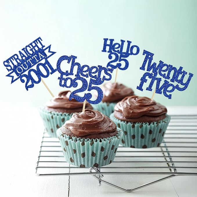 Ephlyn 24Pcs 25th Birthday Cupcake Toppers Glitter Straight Outta 2001 Cupcake Picks Hello 25 Cheers to 25 Years Cake Decorations for 25th Birthday Anniversary Party Decorations Supplies Blue