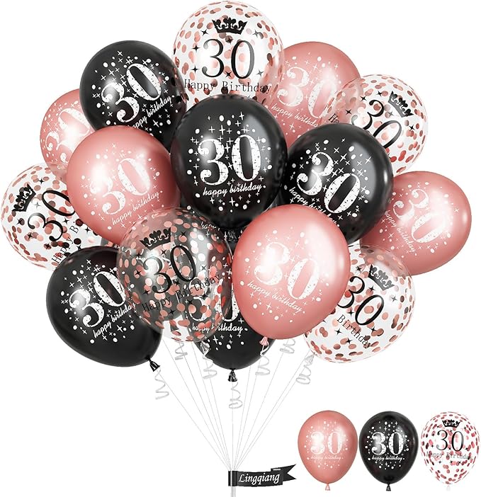 30th Birthday Balloons Rose Gold for Women, Pack of 15 Happy 30th Birthday Party Decorations for Her, Black Rose Gold 30th Balloons for Age 30 Years Old Birthday Celebration Party Decorations Supplies