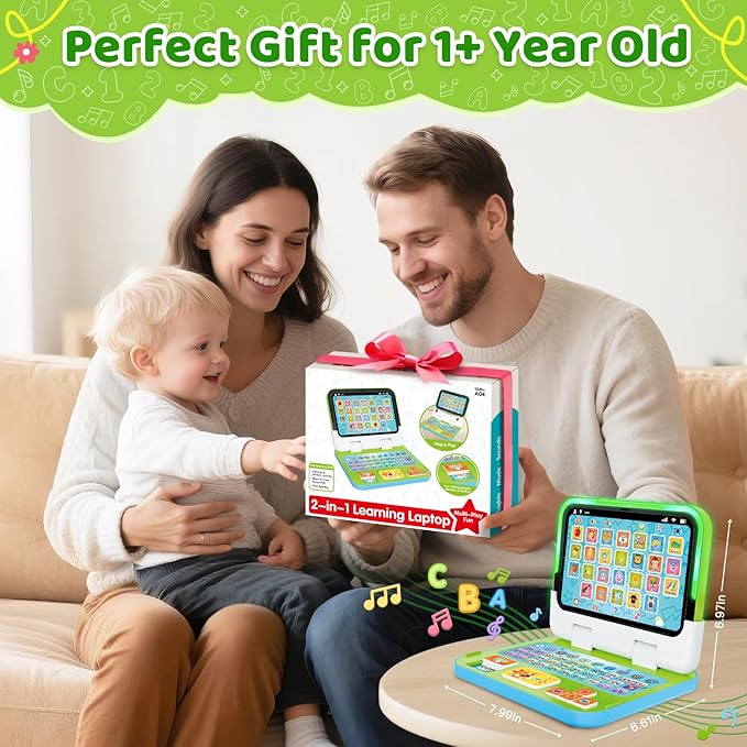 Learning Toy for Kids 1 2 3 Year Old Boys Girls, Learning Laptop for Toddlers 1-3, Interactive Educational Toys with Music Sounds Lights, Christmas Birthday Gifts for Baby Kids Age 12-18 Months, Green