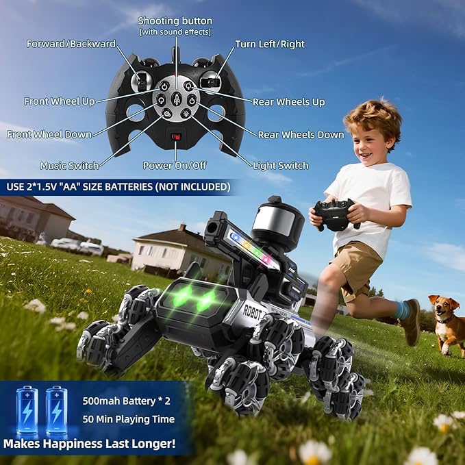 Godboat Robot Dog - Smart Toys for Kids with Music & LED Eyes, 2.4GHZ RC Car, 8-Wheel Stunt, 9+ Lifelike Actions and Water-Shooting, Age 3 4 5 6 7 8 Year Old Boys Girls Christmas & Birthday Gifts 2026