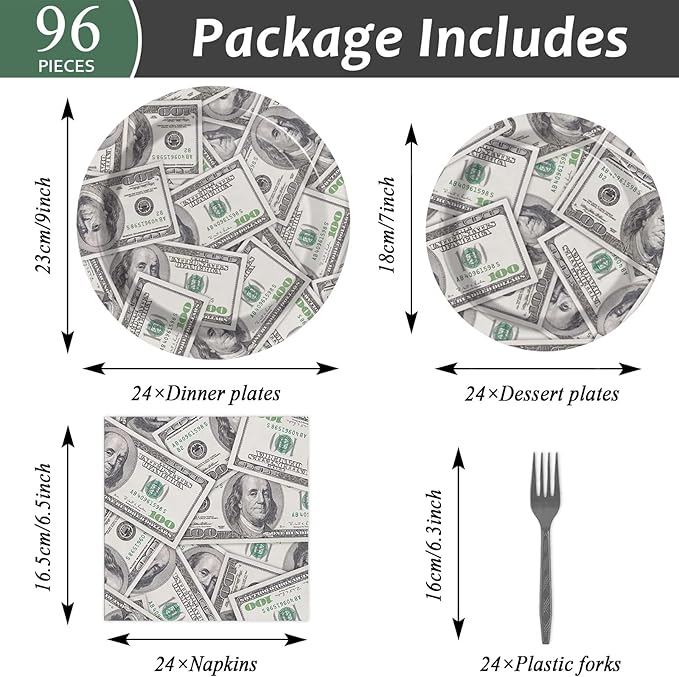 96 Pieces Money Hundred Dollar Bills Supplies One Hundred Dollar Birthday Party Tableware Set Bill Dinnerware Decorations for Adult Teens Kids Dollars Bill Disposable Paper Goods 24 Guests