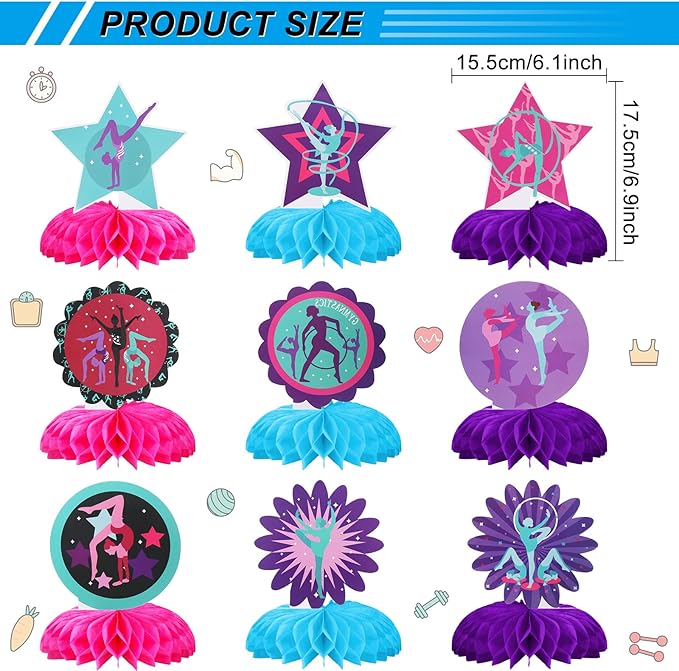 9 Pieces Gymnastics Party Decoration Gymnastics Party Centerpiece Gymnastics Birthday Honeycomb Centerpiece Table Topper for Birthday Baby Shower Gender Reveal Party Supplies