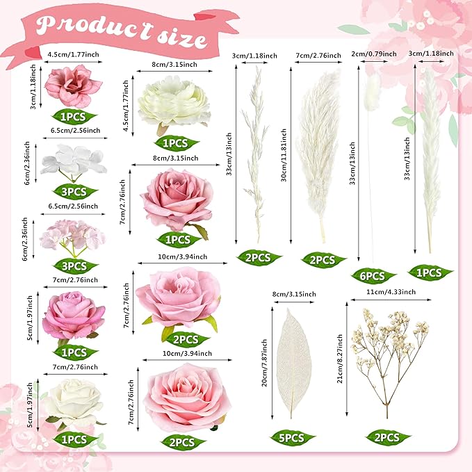 33 PCS Boho Cake Topper Decorations Vintage Artificial Rose Flowers Leaves Various Dried Pampas Grass for Cake Decorating Kit for Wedding Bridal Birthday Party Supplies (Pink)