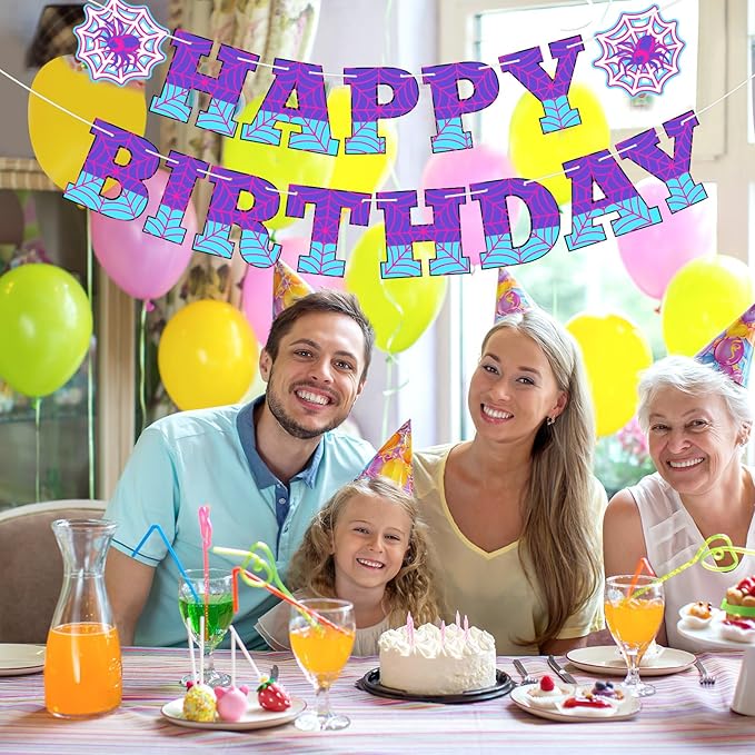 Oudain Spider Theme Birthday Banner Decorations Pre-strung Spider Web Happy Birthday Banner Flags Sign Cartoon Backdrop Party Supplies Favors(Purple Blue)