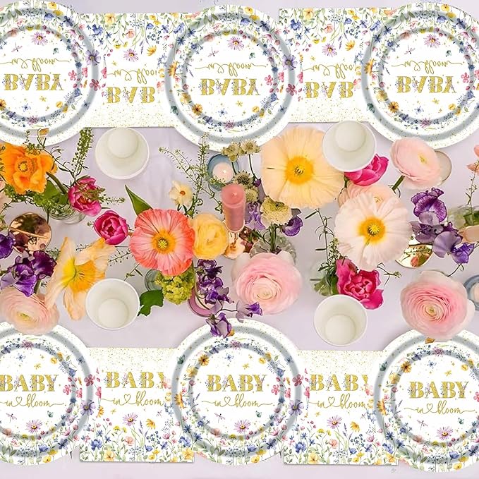 Wildflower Baby shower Plates and Napkins Party Supplies - 175PCS Spring Floral Baby in Bloom Paper Plates BabyShower Birthday Decorations Disposable Tableware Sets for Spring Summer, Serve 25 Guests