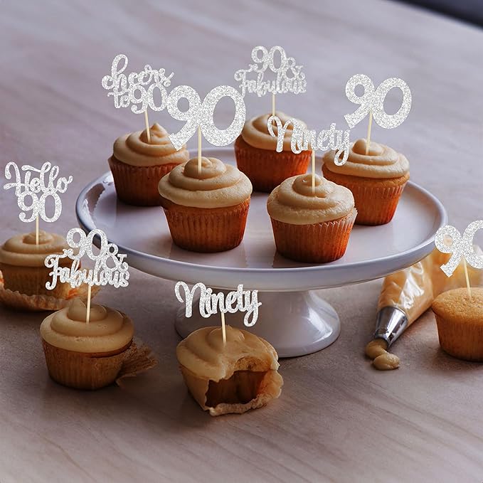30pcs Happy 90th Birthday Cupcake Toppers - Silver Glitter Ninety Cheers to 90 Years Old Cupcake Picks for Anniversary Party Cake Decorations