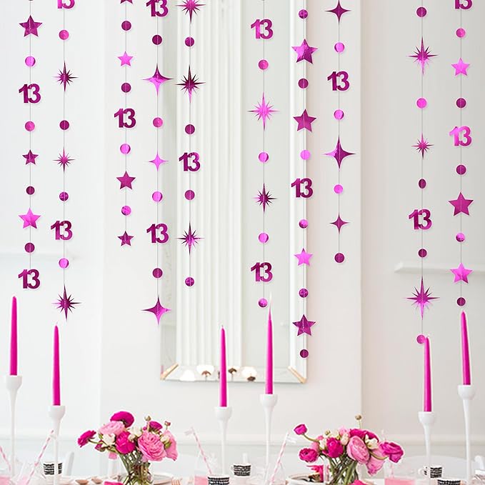 Hot Pink 13th Birthday Decorations Number 13 Circle Dot Twinkle Star Garland Hanging Streamer Banner Backdrop Girls 13 Year Old Birthday Thirteen Official Teenager 13th Anniversary Party Supplies