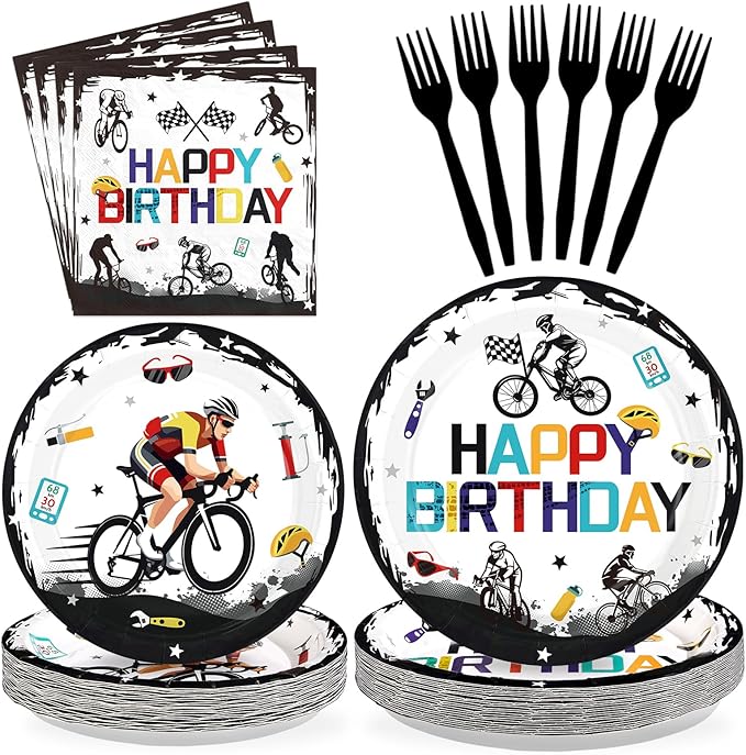 96Pcs Bicycle Birthday Party Decorations Mountain Bike Road Birthday Plates and Napkins Sets Sports Bicycle Racing Decorations for Boys Teens Adults Sports Bike Lover Bday Party Supplies Serves 24