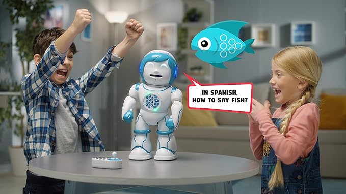 LEXiBOOK Powerman Kid - Educational and Bilingual English/Spanish Robot - Walking Talking Dancing Singing Toy - STEM Programmable Telling Creating Stories - Quizzes Shooting Discs for Kids - ROB90US