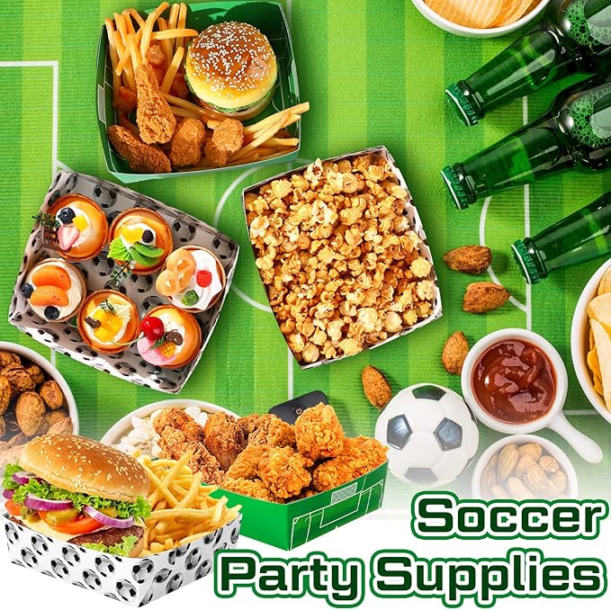 Teling 36 Pack Soccer Party Supplies Large 5 lb Soccer Plates Trays Bowls Paper Food Boats Disposable Nacho Serving Snack Trays for Sport Themed Birthday and Tailgate Party Decorations Favors