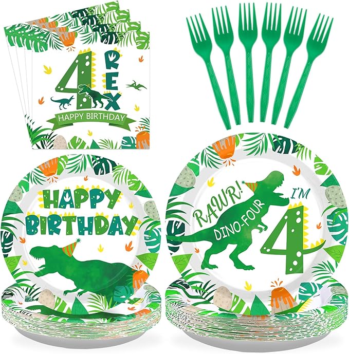 Grencian 96Pcs Dinosaur 4th Birthday Decorations Dinosaur 4th Birthday Plates Roar Im Four Paper Tableware Set for Boys Dino Four Year Old Birth-day Party Decorations, Serves 24