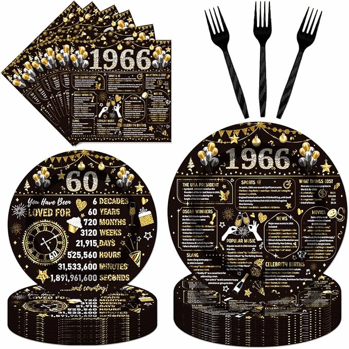 96PCS 60th Birthday Plates and Napkins Party Supplies 60th Birthday Decorations for Women Men 60th Anniversary Decorations Cheers to 60 Years Vintage Tableware Sets Serve 24 Guests