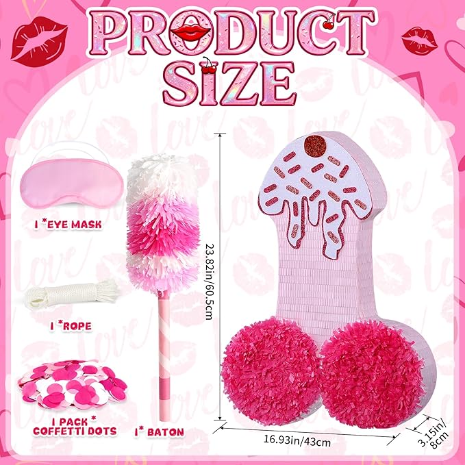 Pink Pinata for Bachelorette Party Decorations - Funny Lingerie Piñata for Bridal Shower, Hen Party, Breast Cancer Awareness Event, Girls Night Out - Includes Stick, Mask & Confetti