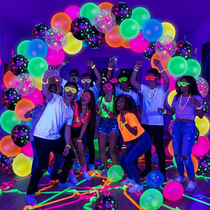 LovesTown 66PCS UV Neon Glow Party Set, 12" Fluorescent Glow Latex Decorations with Stars for Birthday, Wedding & Party Supplies