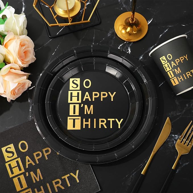 Whaline 96Pcs 30th Birthday Party Supplies Kit Black Gold Paper Tableware Plate Napkin Cup So Happy I'm Thirty Disposable Dinnerware Set for 24 Guests Party Table Decor
