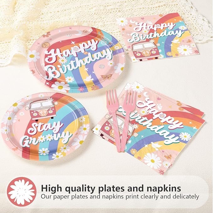 96Pcs Groovy Birthday Party Decorations Boho Groovy Birthday Plates and Napkins Tableware Set Daisy Hippie Rainbow Boho Themed Decorations for Baby Shower Gender Reveal Party Decor Supplies Serves 24