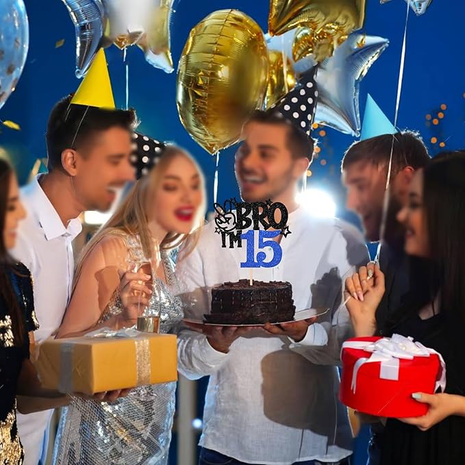 1 PCS Brother I'm 15 Cake Topper Glitter Star Happy 15th Birthday Cake Pick Bro I'm 15 Cake Decoration It's My 15th Birthday Decorations for Boys Cheers to 15 Years Old Birthday Party Supplies Blue