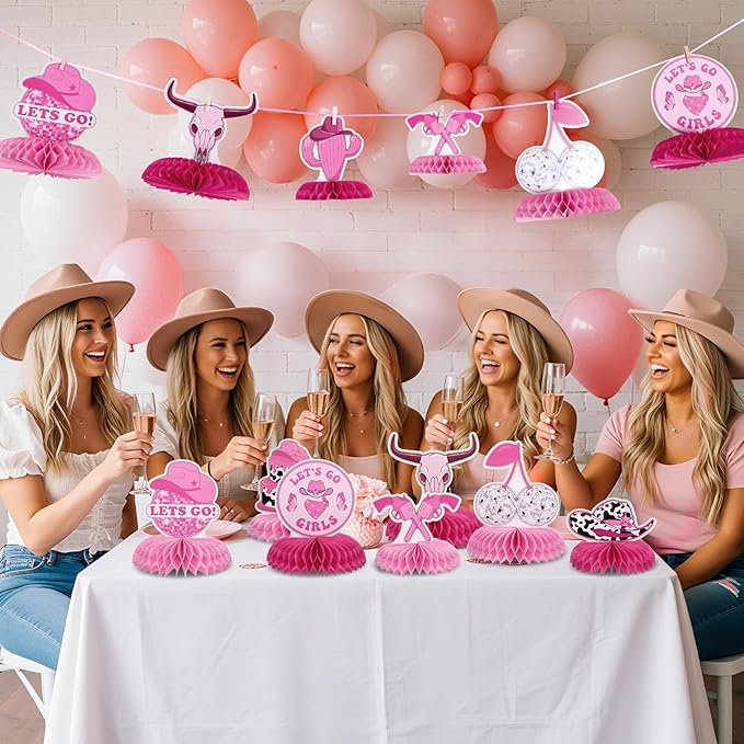 12 PCS Cowgirl Birthday Party Decorations Disco Cowgirl Bachelorette Party Decorations Let's Go Girls Honeycomb Centerpiece Table Decorations for Last Rodeo Bachelorette Western Party Supplies