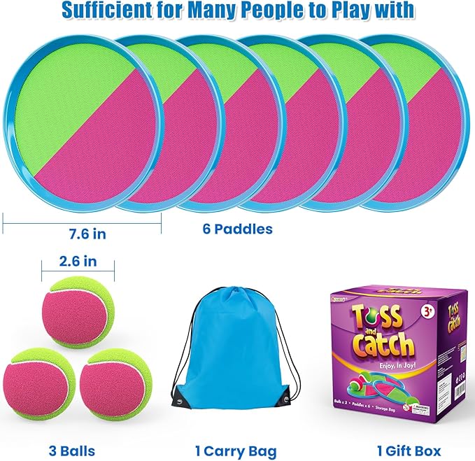 Toss and Catch Ball Set Game Kids Toys – 6 Paddles & 3 Balls, Easter Basket Stuffers Birthday Gifts for 3 4 5 6 7 8 Year Old Boy Girl, Outdoor Games for Beach Yard Pool Camping Lawn Family Party