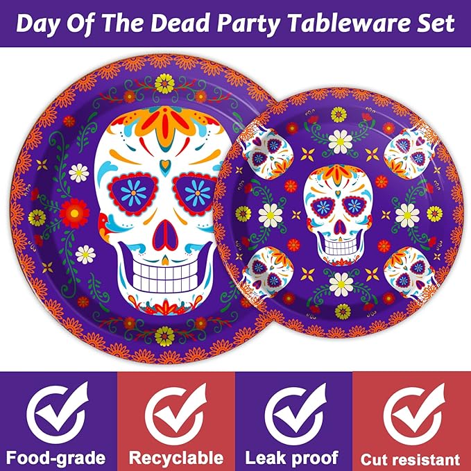 96 Pcs Day of The Dead Tableware Set Colorful Skull Marigold Decors Mexican Fiesta Theme Party Dessert Plates Napkins Forks for Day of The Dead Party 24 Guests