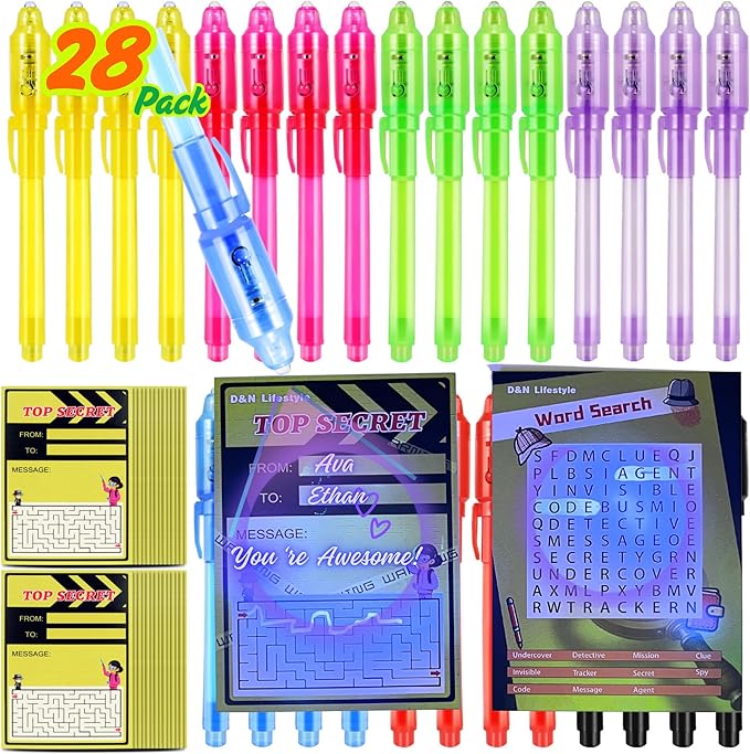 D&N Lifestyle Invisible Ink Pens for Kids, 28 Pack UV Secret Message Pens with Light & Activity Cards – Valentine Classroom Exchange, Party Favors, Easter Basket Stuffers