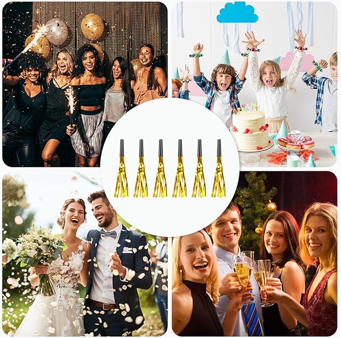 Gold New Years Noise Makers 48 PCS Glitter NYE Party Blowers Blowouts New Years Eve Games Favors Supplies Birthday Pep Rally for Adult Prank Graduation Sporting Events Horns Noisemakers Accessories