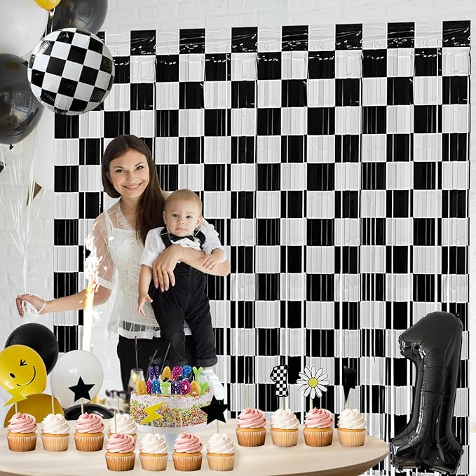 Race Car Foil Fringe Curtains Backdrop Birthday Party Decorations, 2 Pack 3.28 x 6.56 Ft Black White Foil Fringe Curtain Photo Booth Props Racing Car One Happy Dude Birthday Party Decorations