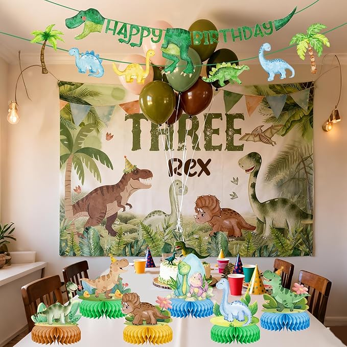Three Rex Dinosaur Birthday Party Decorations, 3rd Birthdays Decoration for Boys Girls 3rex Dinosaurs Backdrop Honeycombs Balloons Banner Supplies for kids Dino Theme Party (Dinosaur)
