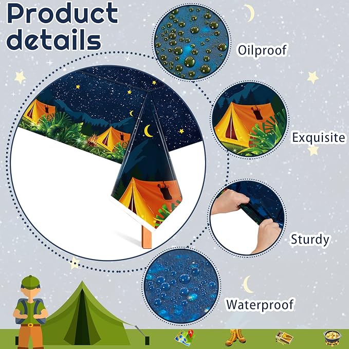 Chinco 5 Pieces Camping Tablecloth Party Decorations Campfire Plastic Rectangular Table Cover Camp Birthday Party Supplies Picnic Hiking Adventure Supplies