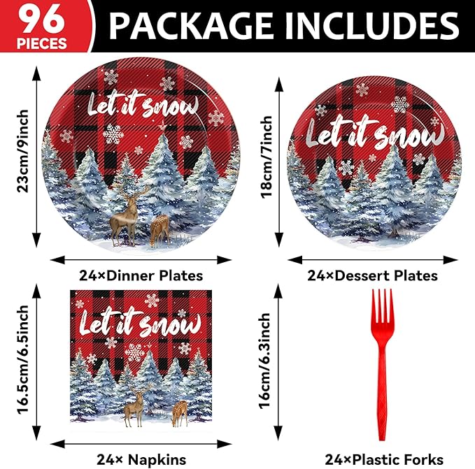 gisgfim 96 Pcs Christmas Party Supplies Paper Plates Napkins Christmas Checkered Buffalo Plaid Snowflake Party Tableware Disposable Dinnerware Decorations Favors for Xmas Winter Holiday Serves 24