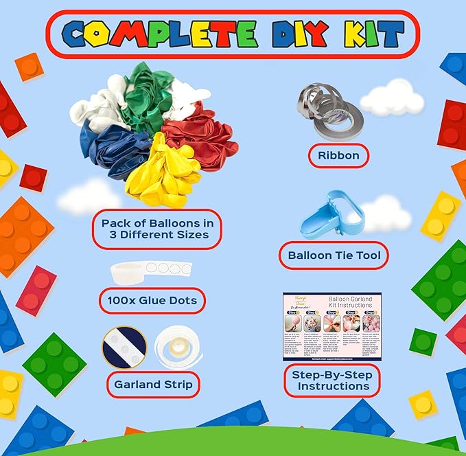 ALL-IN-1 Lego Balloon Arch Kit & Garland – Red, Blue, Green Balloons in Small & Large Sizes – Primary Colors for Circus, Carnival, Rainbow, Boys Birthday Party Supplies & Decorations