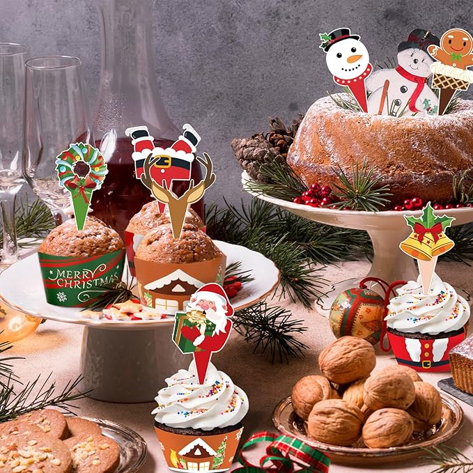 48 Pack Christmas Cupcake Toppers and Wrappers, Snowman Santa Claus Reindeer Cake Decoration for Christmas Theme Party Birthday Party Supplies