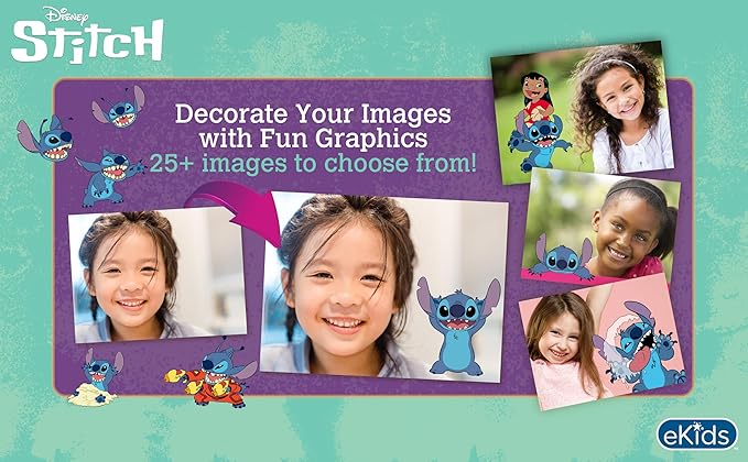 ekids Stitch Kids Camera with SD Card, Digital Camera for Kids with Video Recording, Built-in Digital Stickers, Stitch Toys for Kids